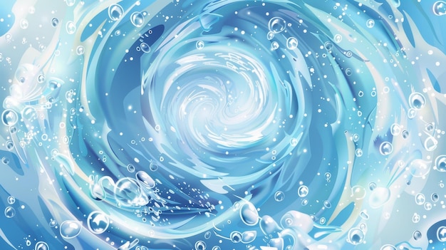 Un moderno set realistico di liquido pulito sottomarino che ruota i vortici con gocce di shampoo e un effetto trasparente di sovrapposizione di vortice d'acqua e onde con bolle