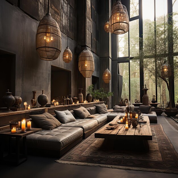 Un moderno soggiorno di lusso con vista su una foresta lussureggiante