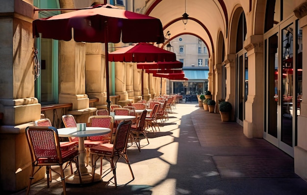 Un moderno street cafe italiano con ombrelloni blu e sedie rosse