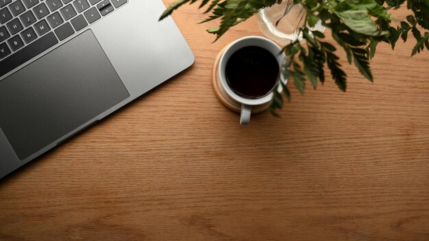 Un moderno tavolo da ufficio con computer portatile notebook, pianta decorativa, tazza di caffè e spazio per la copia su sfondo tavolo in legno. vista dall'alto, distesa