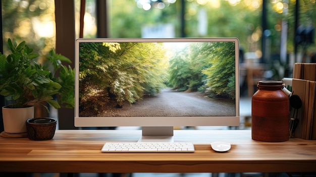 un moderno ufficio in casa con un elegante computer desktop dai colori caldi