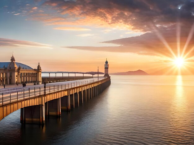 Un molo con un faro all'estremità del molo al tramonto