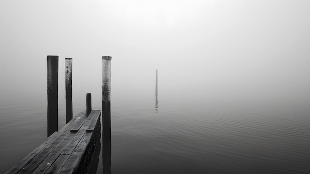 un molo con un palo nell'acqua e un molo sullo sfondo