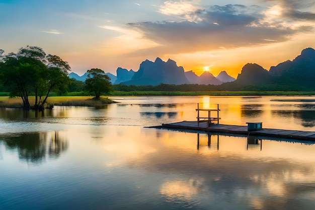 Un molo con un tramonto sull'acqua e le montagne sullo sfondo.