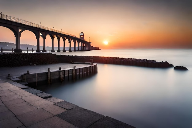 un molo con un tramonto sullo sfondo