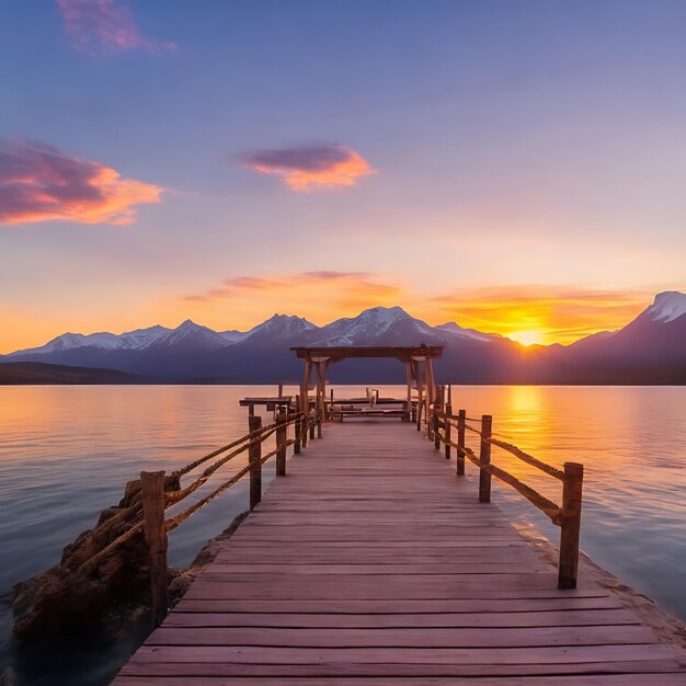 Un molo con vista su una catena montuosa e una spiaggia al tramonto