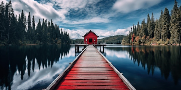 Un molo di legno che porta a un edificio rosso su un lago