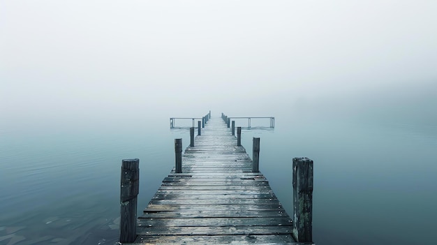 Un molo di legno si protende in un lago tranquillo in una giornata nebbiosa l'acqua è calma e ancora riflette il cielo grigio