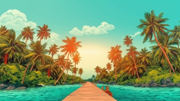 Un molo di legno su un'isola tropicale con palme e sole