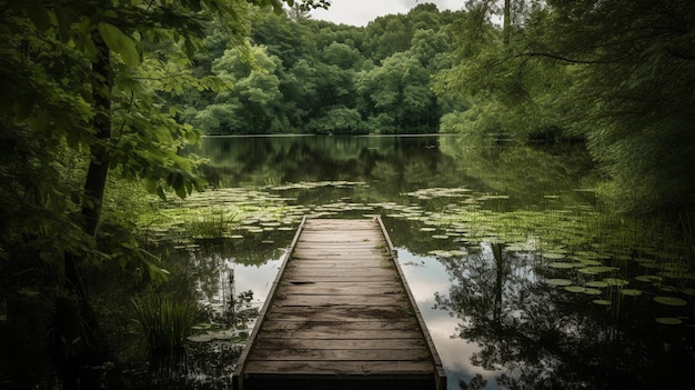 Un molo di legno su un lago con una foresta sullo sfondo.