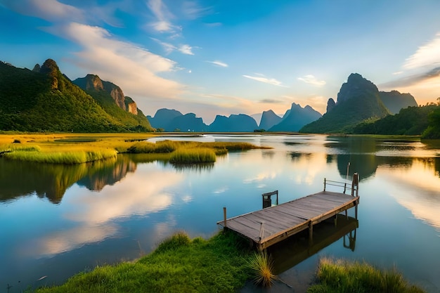 Un molo su un lago con le montagne sullo sfondo