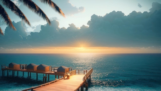 Un molo su una spiaggia con un tramonto sullo sfondo.