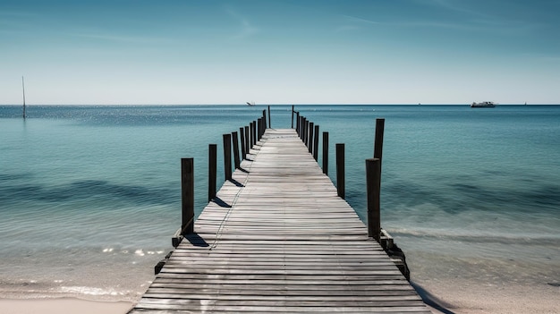 Un molo sulla spiaggia con un cielo blu sullo sfondo