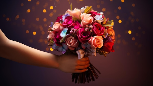 Un momento affascinante quando il braccio di un uomo presenta un vivace bouquet di San Valentino alla sua fidanzata isolato su uno sfondo colorato