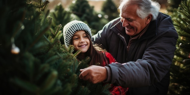 Un momento di comunione familiare nonno e nipote che scelgono un albero di Natale