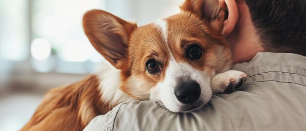 Un momento di tenerezza mentre un corgi gallese si abbraccia con il proprietario affettuosamente appoggiato sulla spalla