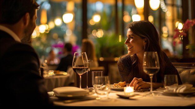 Un momento di tenerezza tra una coppia mentre assaporano una cena romantica in un ristorante di lusso avvolto in un'atmosfera di intimità e delizie culinarie raffinate