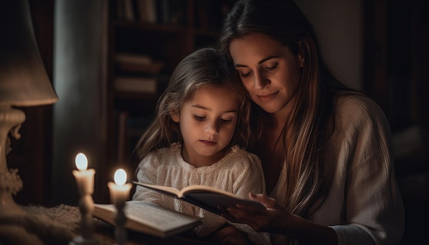 Un momento di una madre e un bambino rannicchiati insieme che leggono un libro Festa della mamma