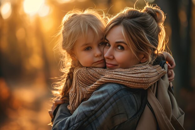 Un momento intimo di una madre e una figlia avvolte in un caldo abbraccio con la luce dorata dell'autunno che le circonda evocando un sentimento di amore e unionexA