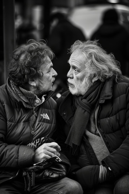 Un momento intimo tra due persone in una conversazione profonda sulla strada della città in bianco e nero