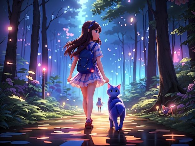 un momento magico in una foresta illuminata al neon di notte immagina una ragazza sorridente e adorabile che passeggia