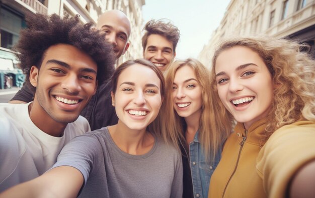 Un momento selfie divertente con amici multirazziali in una strada urbana