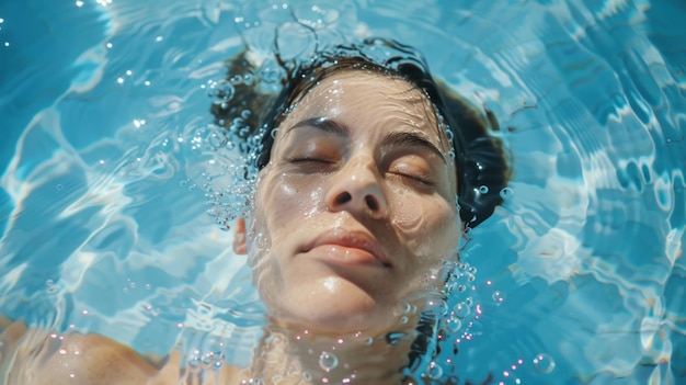 Un momento sereno mentre il viso di una donna emerge dall'acqua cristallina circondata da dolci onde