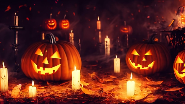 Un momento spettrale con gli occhi incandescenti e malvagi delle lanterne Jack O039 in una spaventosa notte di Halloween