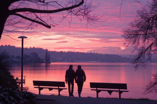 Un momento tenero sotto le sfumature del tramonto che svanisce