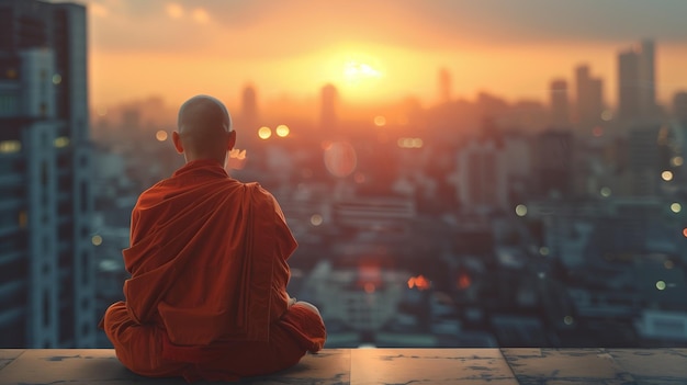 Un monaco buddista che medita nella grande città