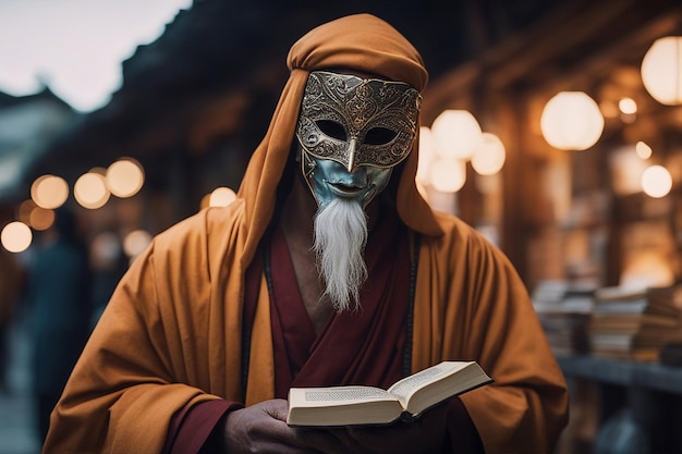 Un monaco buddista mascherato vende vecchi libri in un mercato stradale