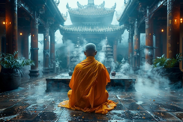 Un monaco buddista prega in un tempio buddista durante il festival di Vesak in onore dell'illuminazione della nascita e della morte di Buddha