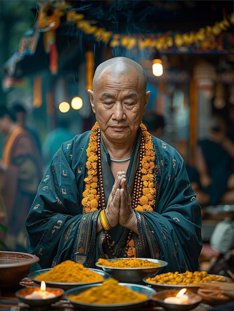 Un monaco buddista prega prima di un pasto preparato a Vesak per celebrare l'illuminazione della nascita e la morte di Buddha