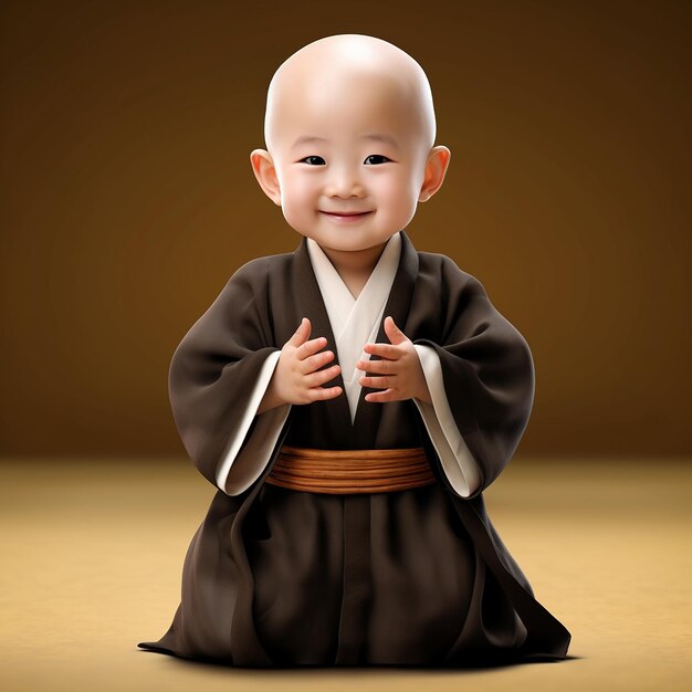 Un monaco di 3 anni che indossa un abito nero e giallo