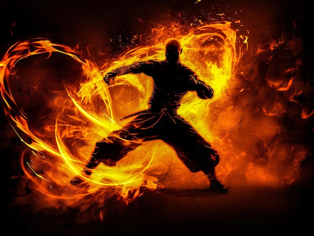 Un monaco Shaolin su uno sfondo infuocato con turbinii di fuoco