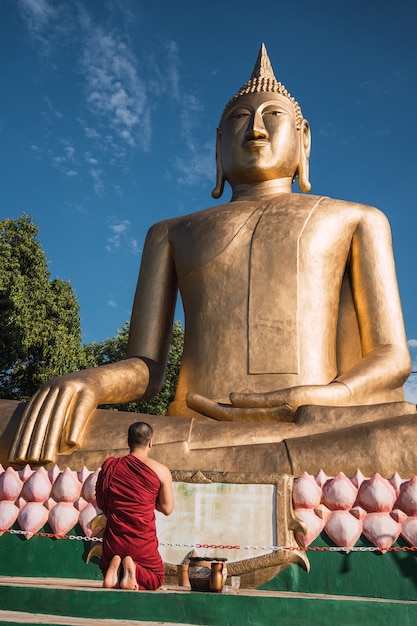 Un monaco sta adorando e meditando davanti al Buddha d'oro come parte delle attività buddiste