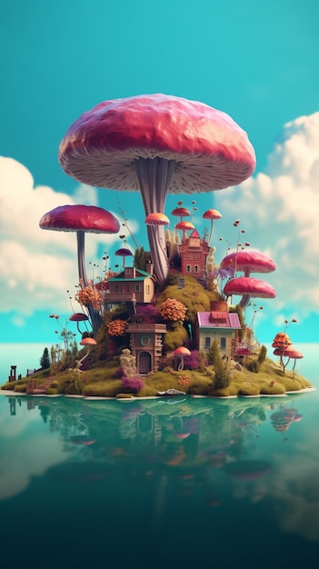 Un mondo fantastico con sopra un fungo