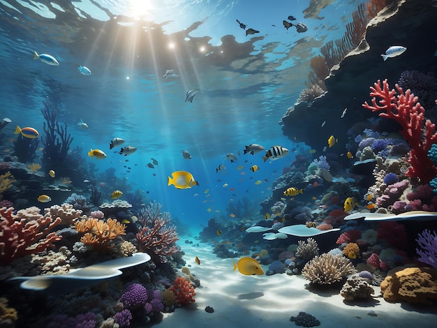 Un mondo sottomarino surreale con vivaci barriere coralline e creature marine esotiche
