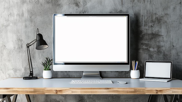 un monitor computer è su una scrivania per il mockup su sfondo bianco