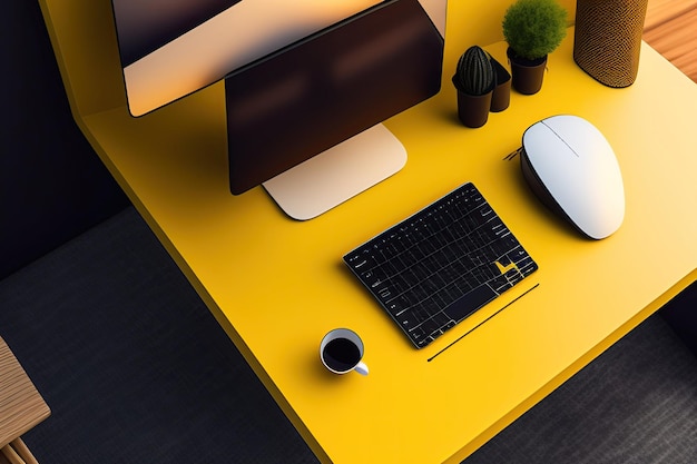 un monitor computer e una tastiera su un tavolo giallo