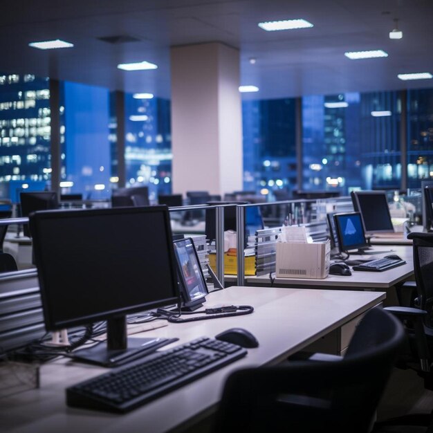 un monitor computer si siede su una scrivania con uno skyline della città sullo sfondo