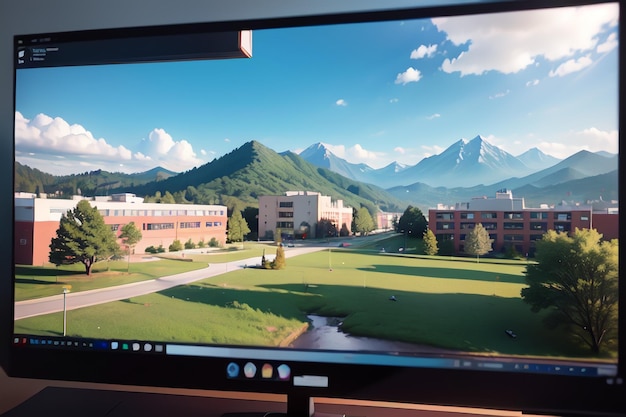 Un monitor di computer con una montagna e un cielo blu