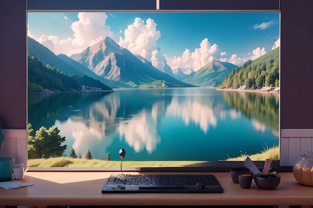 Un monitor di computer con una scena di montagna sullo schermo.