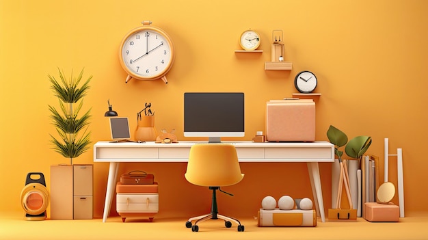 un monitor di computer è posizionato su una scrivania con una lampada gialla e un orologio sul muro.