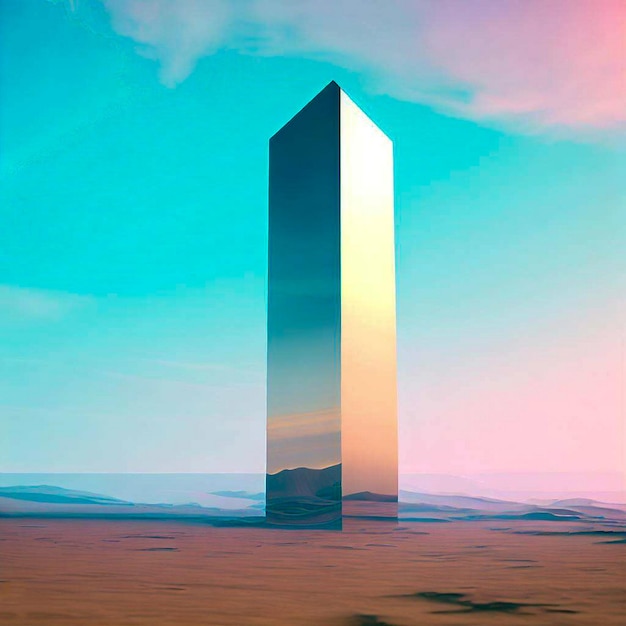 un monolite a specchio in piedi nel deserto cielo azzurro e rosa arte digitale surreale