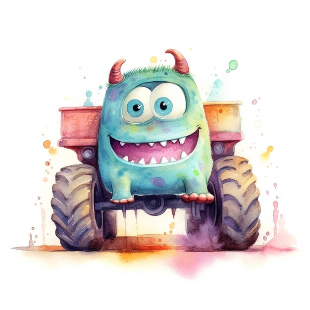 Un monster truck con un mostro blu sulla parte anteriore.