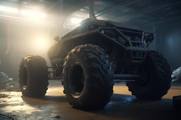 Un monster truck in una stanza buia con una luce sul soffitto.