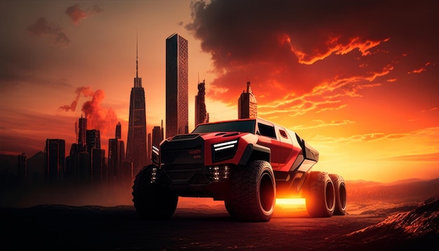 Un monster truck si trova davanti a una città con una città sullo sfondo