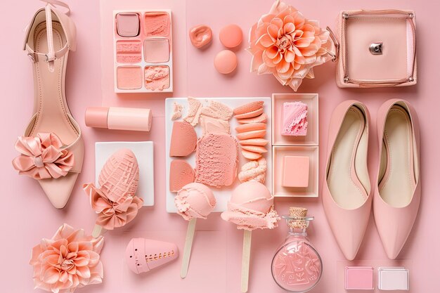 Un moodboard con immagini di scarpe color pesca, coni di gelato e rossetto rosa che rappresentano il pas