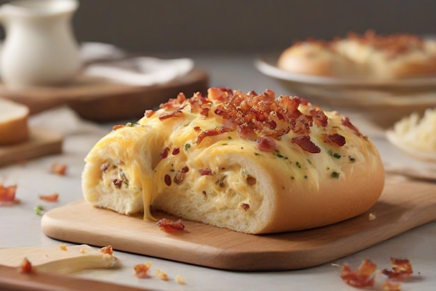 Un morbido rotolo di pane ricoperto di una salata miscela di formaggio fuso e pezzi di pancetta croccanti